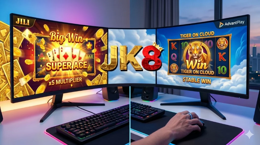 Triple-monitor gaming setup with JILI Super Ace on one screen, JK8 logo center, and AdvantPlay Tiger on Cloud — dusk city view, Malaysia slot comparison article