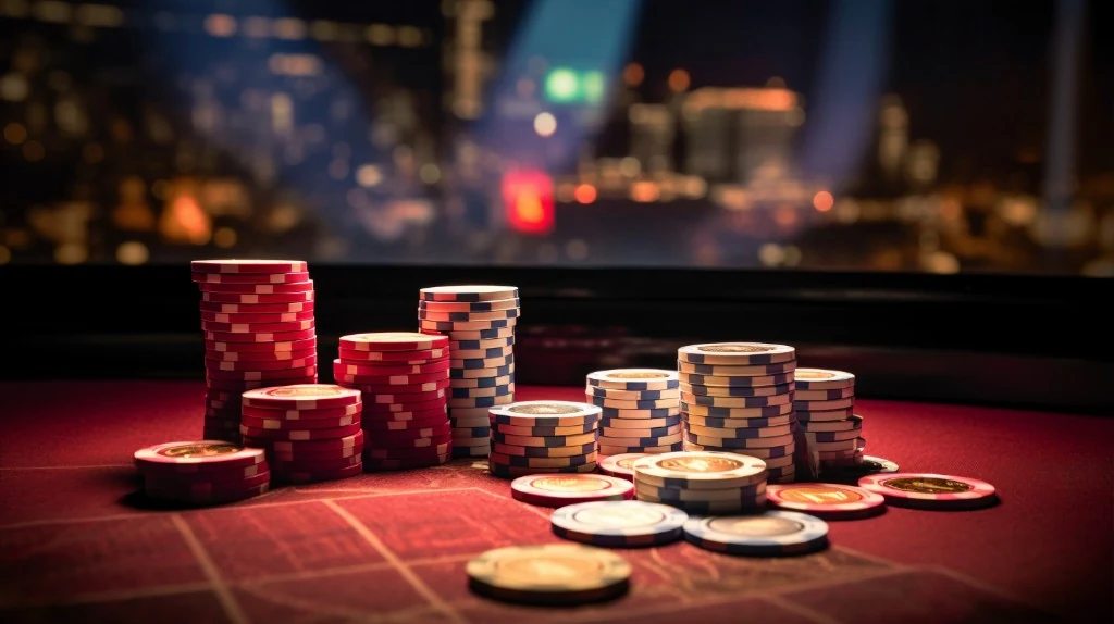 Stacks of casino chips on red felt with a blurred city skyline — JK8 baccarat strategy guide