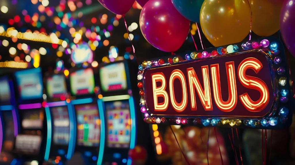 Neon casino bonus sign spelling BONUS with colourful lights and balloons — JK8 bonus guide featured image