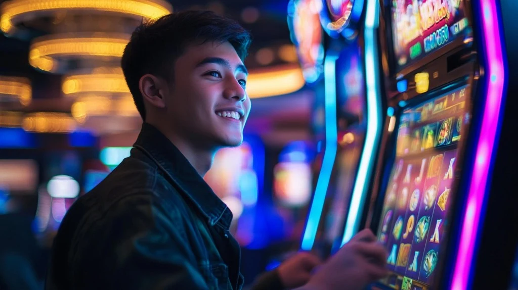 Young man smiling at a bright slot screen on a modern casino floor, neon pink and blue lights — JK8 slots strategy guide for Malaysian players