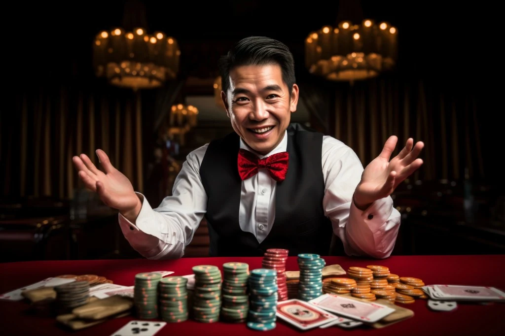 Smiling casino dealer behind a red felt table with chips and cards — What's Hot at JK8 April 2026